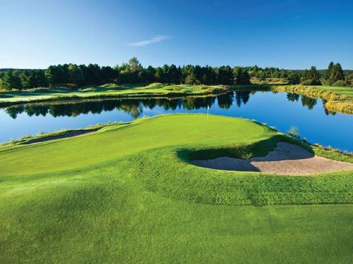 an aerial view of a golf course with a lake at Driftwood Dreams 1B in Traverse City