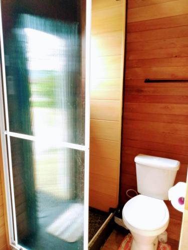 a bathroom with a toilet and a glass shower at Sitio casa di vó in Rio Forcação