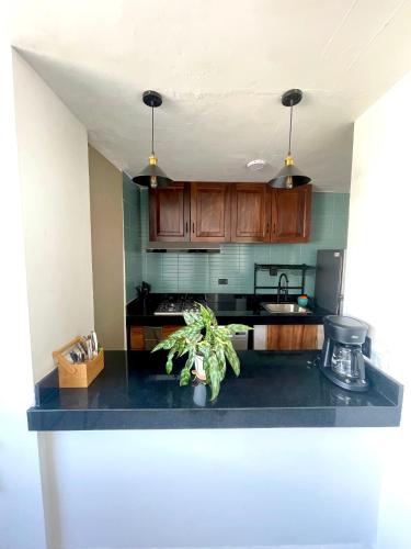 a kitchen with wooden cabinets and a black counter top at Great condo in the best location in Puerto Vallarta