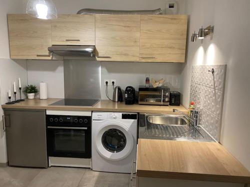 une cuisine avec une machine à laver et un évier dans l'établissement Petit studio cosy près du centre, à Strasbourg