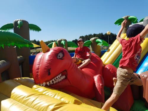 a group of children playing on an inflatableinosaur at Chalet in Breebos near Antwerpse Noorderkempen in Rijkevorsel