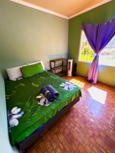 a bedroom with a bed with a green comforter and a window at Casa hotel Aguas Termales in Gracias