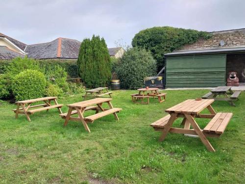 a group of picnic tables in the grass at St aubyn arms Hotel in Praze an Beeble
