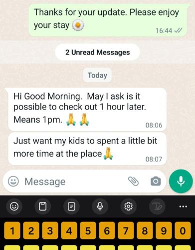 a screenshot of a text message with the words thanks for your update at Mossy Forest Family Retreat III, 2-8pax, Sunrise View, Cameron Highlands in Cameron Highlands