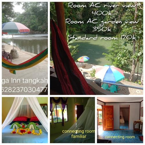 a collage of four pictures of a room with an umbrella at Mega inn tangkahan in Kualagemoh