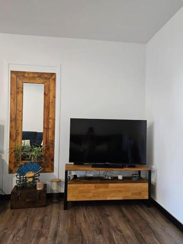 un salon avec une télévision à écran plat sur un centre de divertissement dans l'établissement Rez-de-jardin à 3 min à pied de la plage des Sablettes, à La Seyne-sur-Mer