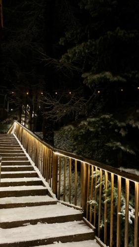 a set of stairs with snow on them at night at Supara Chunkurchak in Alamedin
