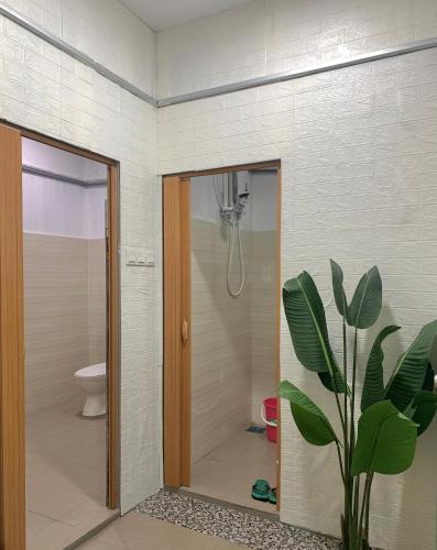 a bathroom with a shower with a toilet and a plant at TIARA INN Homestay 2 Tingkat Pontian Johor in Pontian Besar