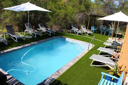 a swimming pool with lawn chairs and umbrellas at Bosch Luys Kloof Nature Reserve in Ladismith