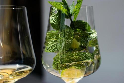 a glass of wine with a plant in it at Reichenspitzblick Appartement in Königsleiten