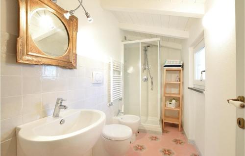 a bathroom with a sink and a toilet and a mirror at S Rocco Dimora Tra Ulivi E M in Zoagli