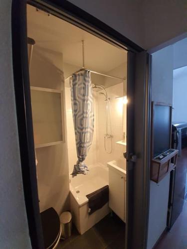 Cette chambre comprend une salle de bains pourvue d'une douche. dans l'établissement Très joli appartement Disneyland Paris 4 pers, à Bussy-Saint-Georges