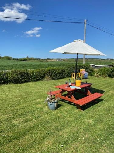 a picnic table with an umbrella on the grass at Knockaguilla House Bed & Breakfast in Doolin