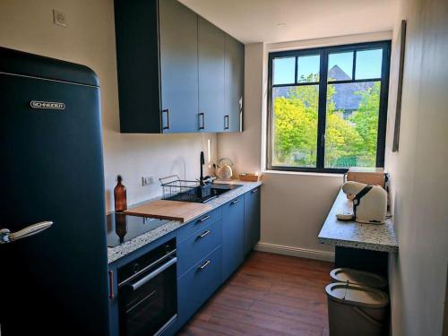 une cuisine avec des placards bleus et une grande fenêtre dans l'établissement Domaine de l'îsle Manière 10 pers, à Pontaubault