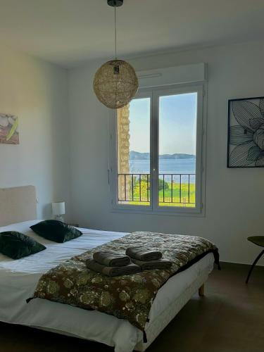 une chambre avec un lit et une grande fenêtre dans l'établissement Appartement COCON vue mer, à Saint-Florent