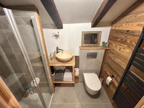 a small bathroom with a sink and a toilet at Chalet traditionnel Haute Nendaz in Nendaz