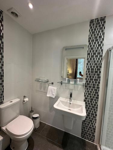 a white bathroom with a toilet and a sink at Derby Manor in Bournemouth