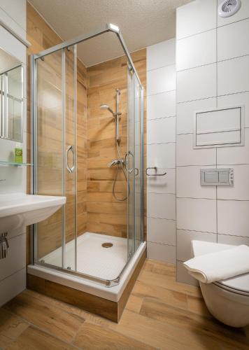 a bathroom with a shower and a sink and a toilet at Apartmánový dom Štiavnica in Liptovský Ján