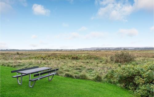 a bench sitting on the grass near a field at Pee Klims Hus in Brovst