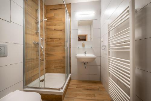 a bathroom with a shower and a sink at Apartmánový dom Štiavnica in Liptovský Ján