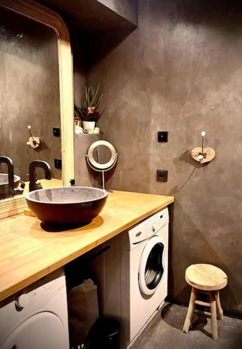 une salle de bain avec un lavabo et une machine à laver dans l'établissement Loft de charme Louvre Tuileries Palais Royal, à Paris