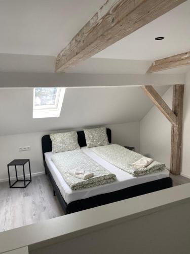 a bedroom with a bed in a white room at Greenhome Lörrach -Ihre Apartments im 3-Ländereck- in Lörrach