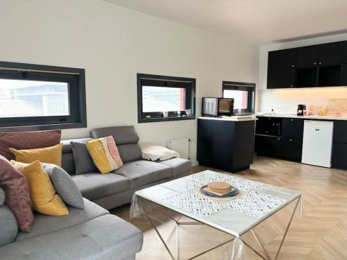 un salon avec un canapé et une table dans l'établissement Appartement 2 voyageurs à proximité des gares, à Lille