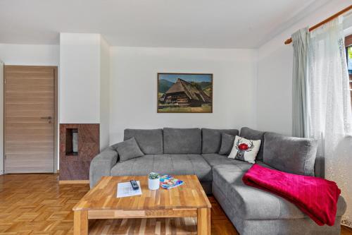 a living room with a gray couch and a wooden table at Ferienwohnung Sägegasse, Typ A in Münstertal