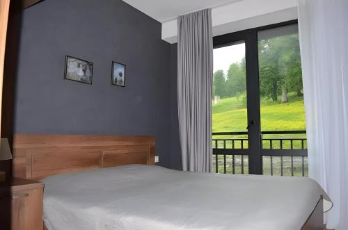 a bedroom with a bed and a large window at Area Park Bakuriani, Apartment 5 in Bakuriani