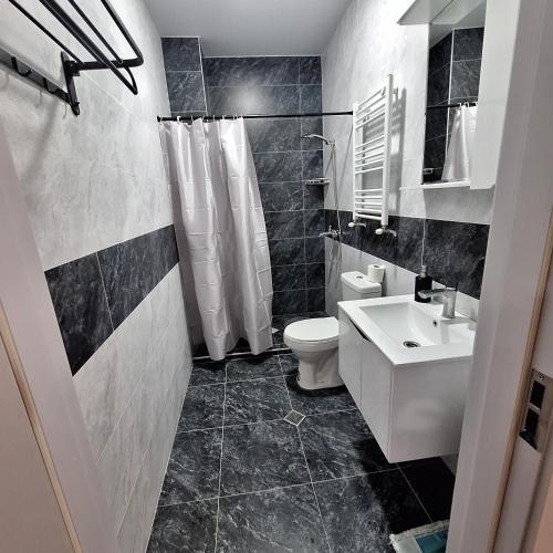 une salle de bain avec toilettes et lavabo dans l'établissement Likani - 407, à Bordjomi