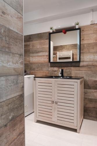 La salle de bains est pourvue d'un miroir sur un mur en bois. dans l'établissement Superbe T2 avec Terrasse face au parc des fontaines, à Toulouse