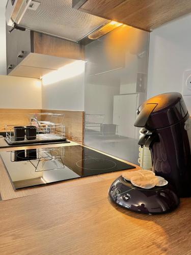 une cafetière posée sur un comptoir dans une cuisine dans l'établissement Grenouille, à Dinard