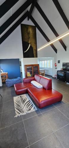 a living room with a red couch and a rug at The Beech Way Cottage in Cape St Francis