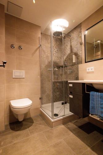 a bathroom with a toilet and a glass shower at Spundloch- das Hotel & Weinrestaurant in Veitshöchheim