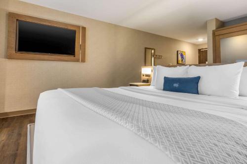 a large white bed in a hotel room with a tv at Cambria Hotel Milwaukee Downtown in Milwaukee