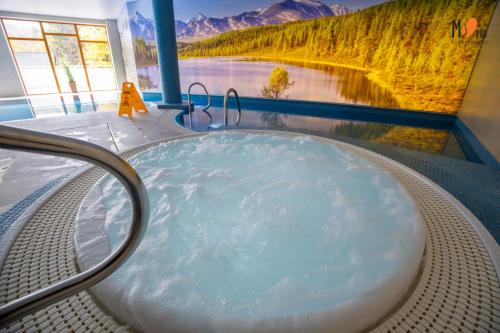 eine Whirlpool-Badewanne mit Blick auf den Fluss in der Unterkunft Apartamenty Premium STONE HILL - Baseny&Jacuzzi in Szklarska Poręba