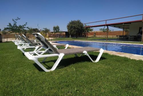 a row of lounge chairs sitting in the grass by a pool at Casa Rural Granja Abril in Cardiel de los Montes