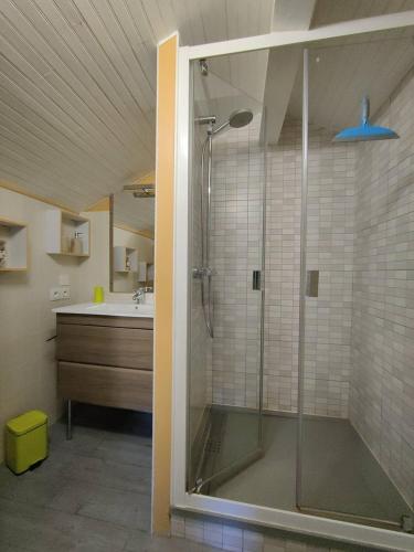 une salle de bain avec une douche en verre avec un lavabo dans l'établissement St Jean de Luz, APPT Dupplex2 pers à 100 mètre de la plage, à Sainte-Barbe