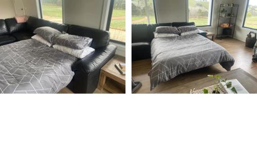 two pictures of a living room with a couch and a bed at BrinCole in Bonnie Doon