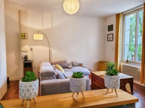 un salon avec un canapé et une table dans l'établissement Le Cosy sur cour - T3 Hypercentre Angers, à Angers