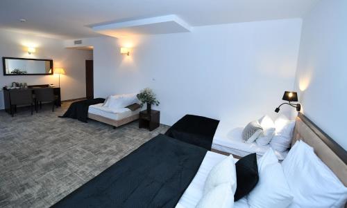 a hotel room with a bed and a living room at Hotel Focus Centrum Konferencyjne in Lublin