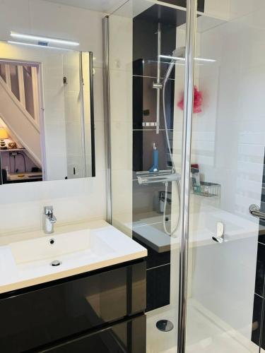 une salle de bain avec une douche en verre et un lavabo dans l'établissement Agréable maison, jardin clos, 200m plage, à La Trinité-sur-Mer