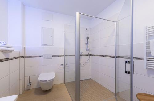 a white bathroom with a toilet and a shower at Mantra-Oase - Gemütliches Apartment mit Seeblick, Kamin & Wellness am Krakower See in Krakow am See