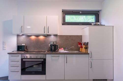 a kitchen with white appliances and a window at Bewusstsein - Modernes Apartment mit Terrasse, Walk-In-Dusche & Wellnesszugang in Krakow am See