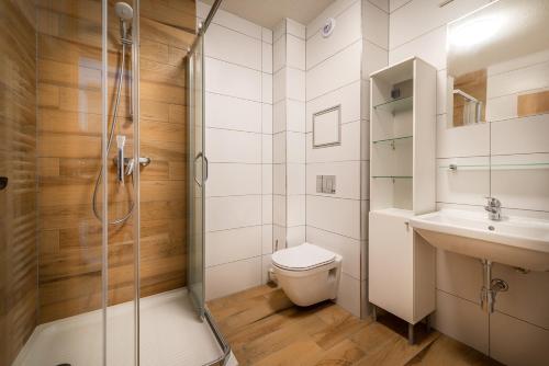 a bathroom with a shower and a toilet and a sink at Apartmánový dom Štiavnica in Liptovský Ján