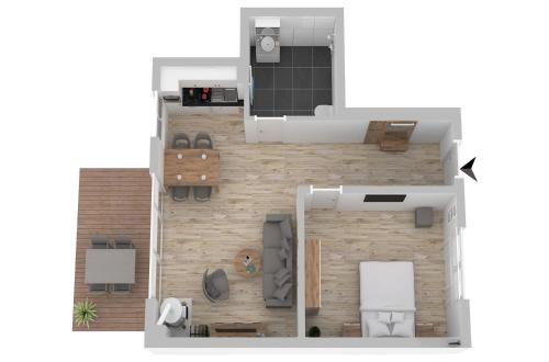 a drawing of a floor plan of a house at Atempause - Stilvolles Apartment mit Terrasse & Wellness am Krakower See in Krakow am See