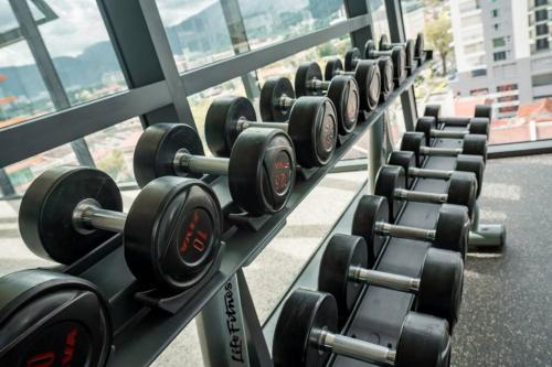 a row of dumbbells lined up in a gym at Spacious 3BR in Tropicana 218 at Central Location & Food Hunt Friendly in George Town