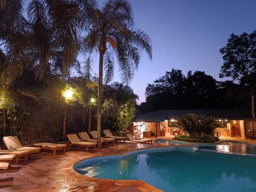 a swimming pool with lounge chairs and a palm tree at La Aldea De La Selva Lodge in Puerto Iguazú