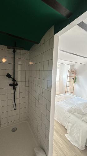 - une chambre avec un lit et un plafond vert dans l'établissement Place aux huiles, à Marseille
