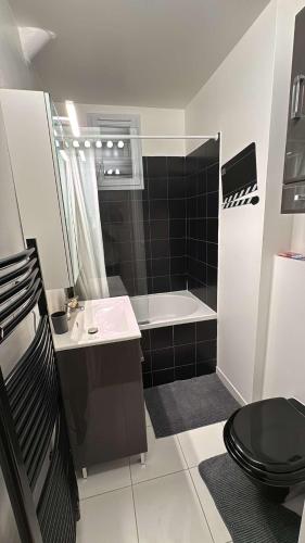 une salle de bain avec toilettes, lavabo et douche dans l'établissement Appartement Paris 16, à Paris